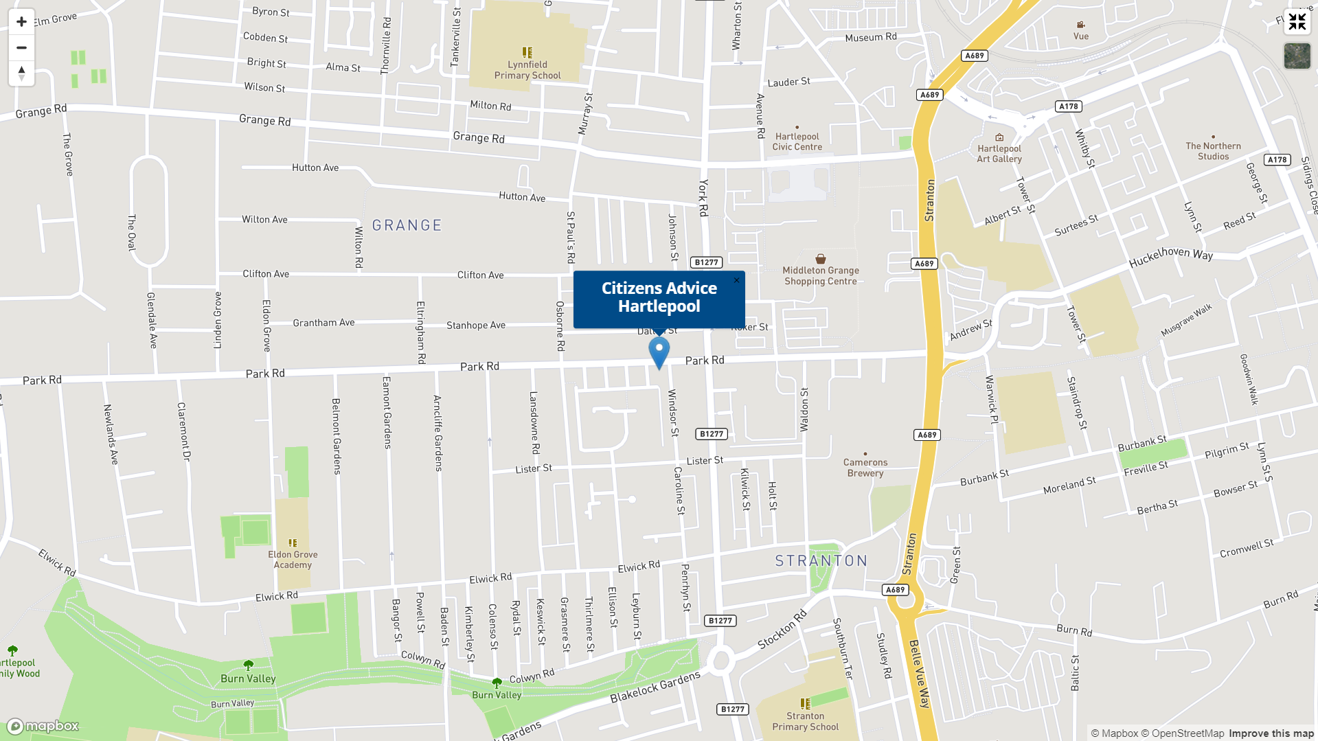 Map showing the location of Citizens Advice Hartlepool at 87 Park Road